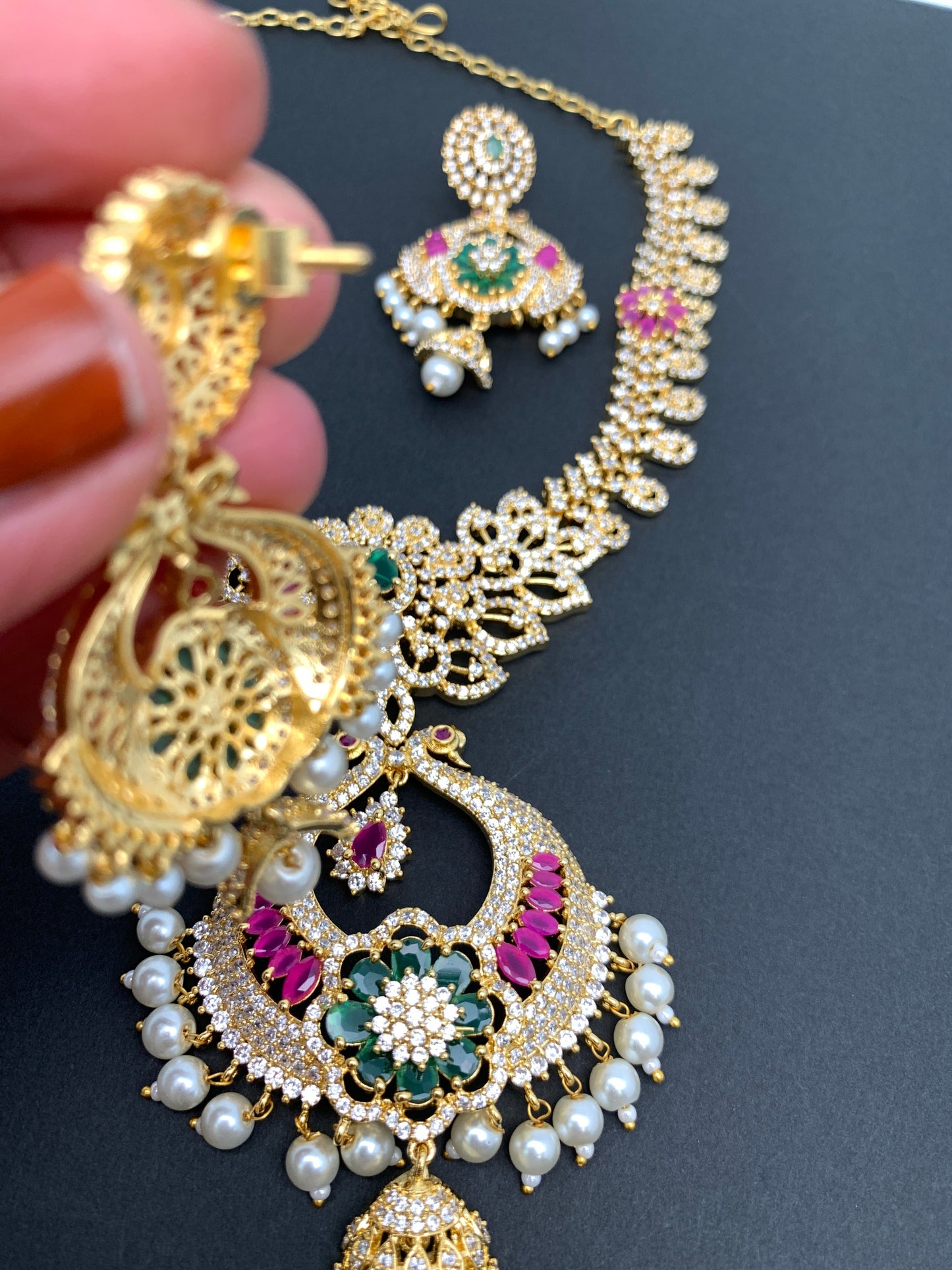 AD Red Green Stone Peacock Chandbali Design Golden Finish Short Necklace