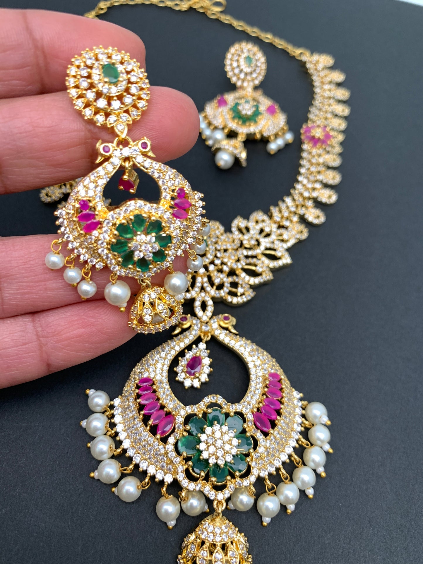 AD Red Green Stone Peacock Chandbali Design Golden Finish Short Necklace