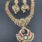 AD Red Green Stone Peacock Chandbali Design Golden Finish Short Necklace