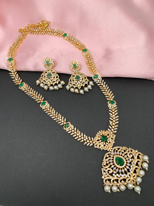 AD Green Stone Golden Finish Long Necklace