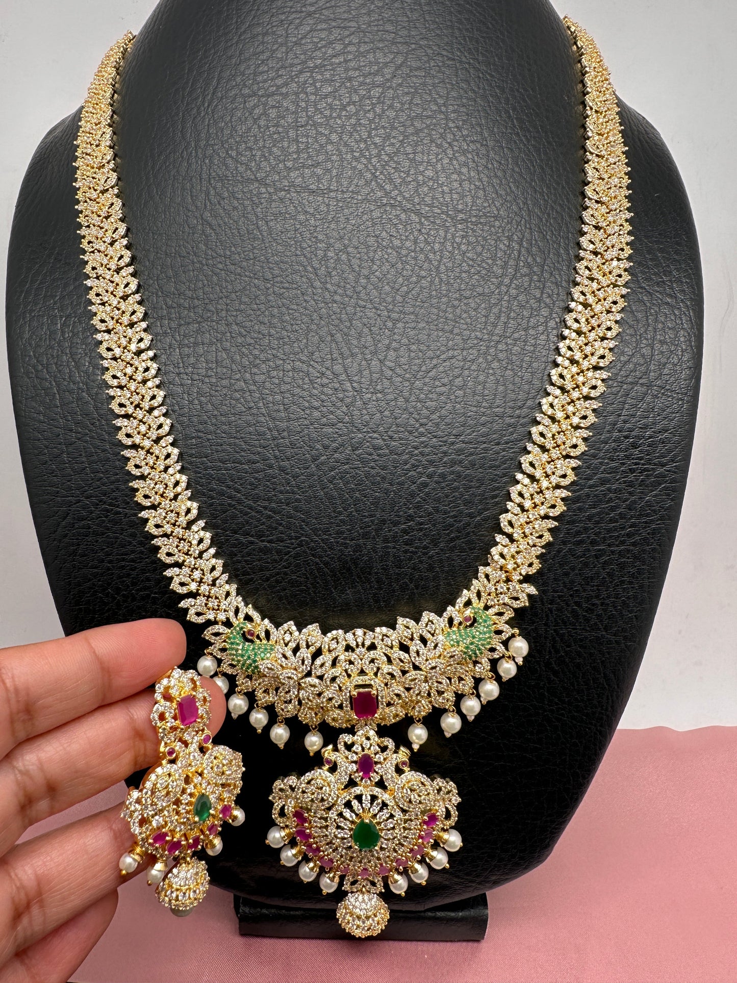AD Red Green Multi Stone Peacock Design Golden Finish Long Necklace