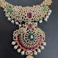 AD Red Green Multi Stone Peacock Design Golden Finish Long Necklace