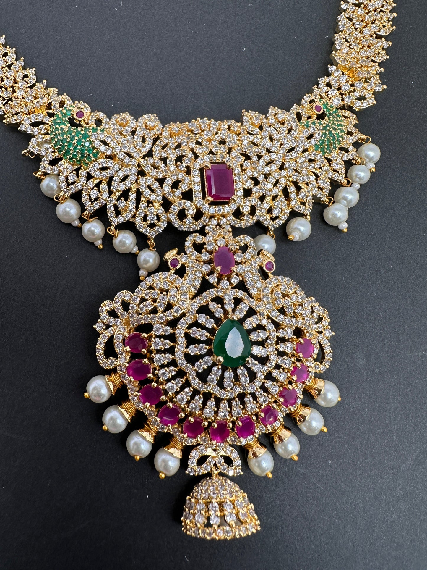 AD Red Green Multi Stone Peacock Design Golden Finish Long Necklace