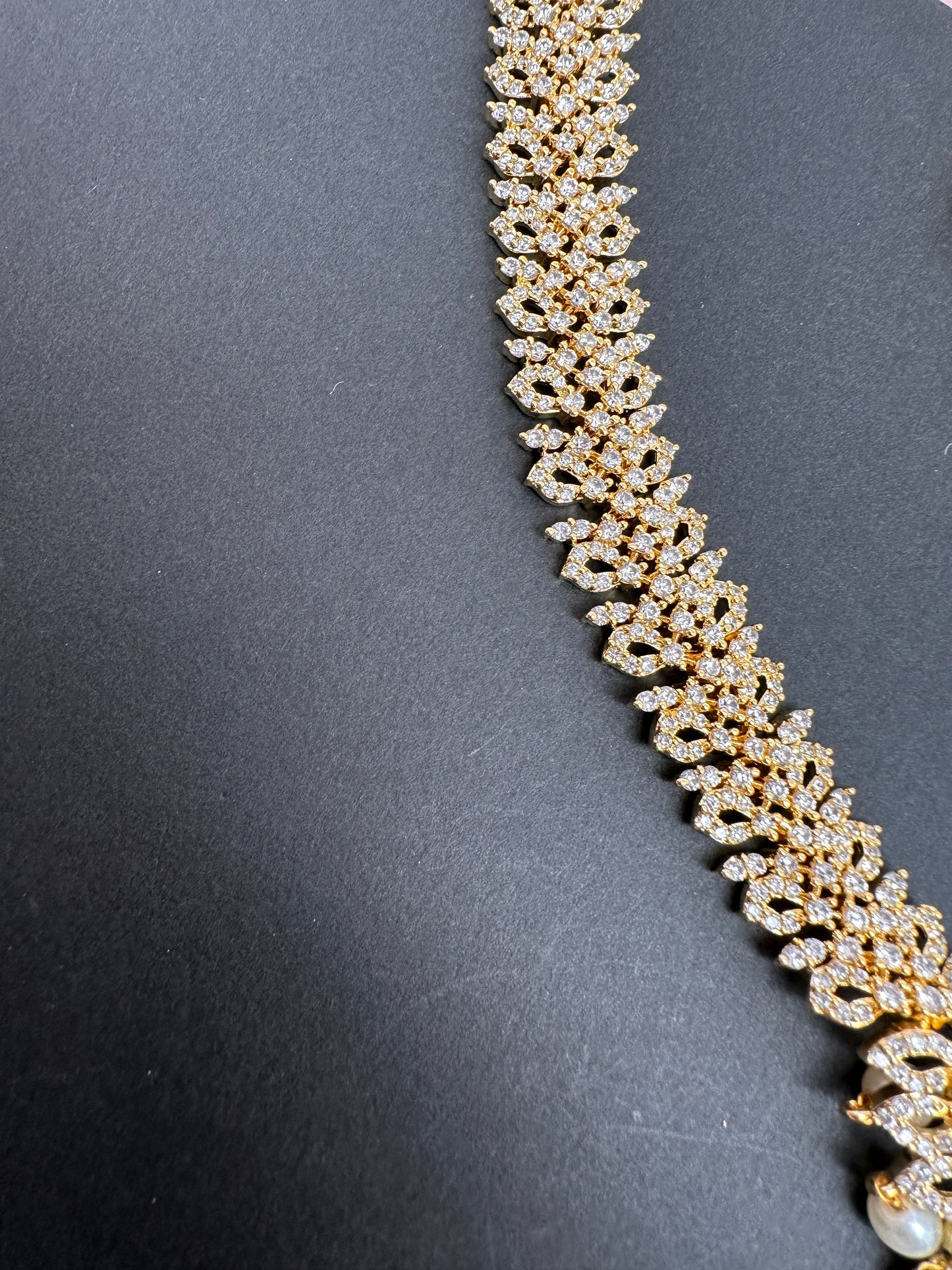 AD Red Green Multi Stone Peacock Design Golden Finish Long Necklace