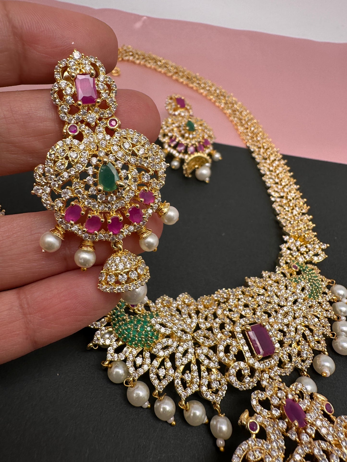 AD Red Green Multi Stone Peacock Design Golden Finish Long Necklace