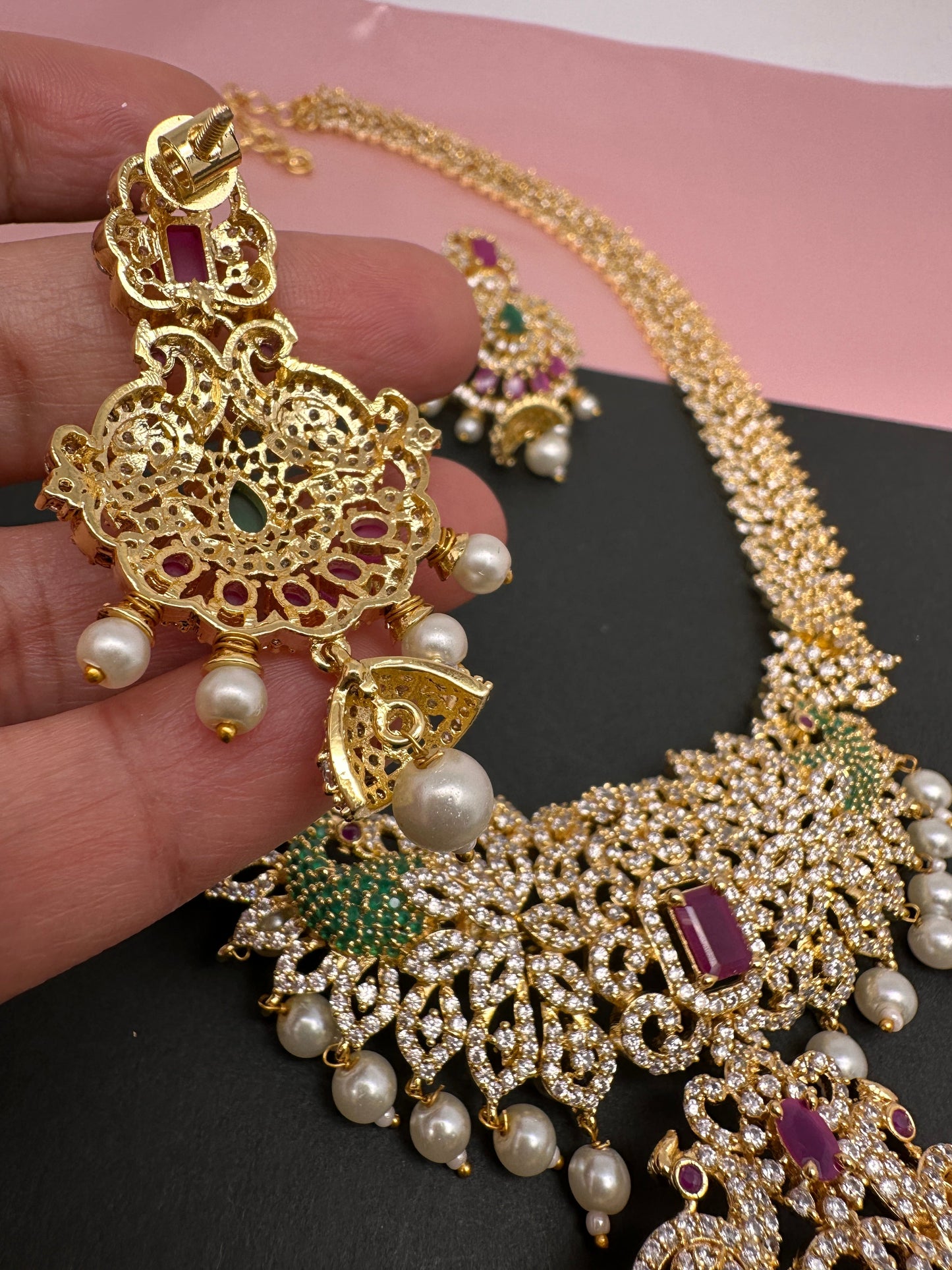 AD Red Green Multi Stone Peacock Design Golden Finish Long Necklace
