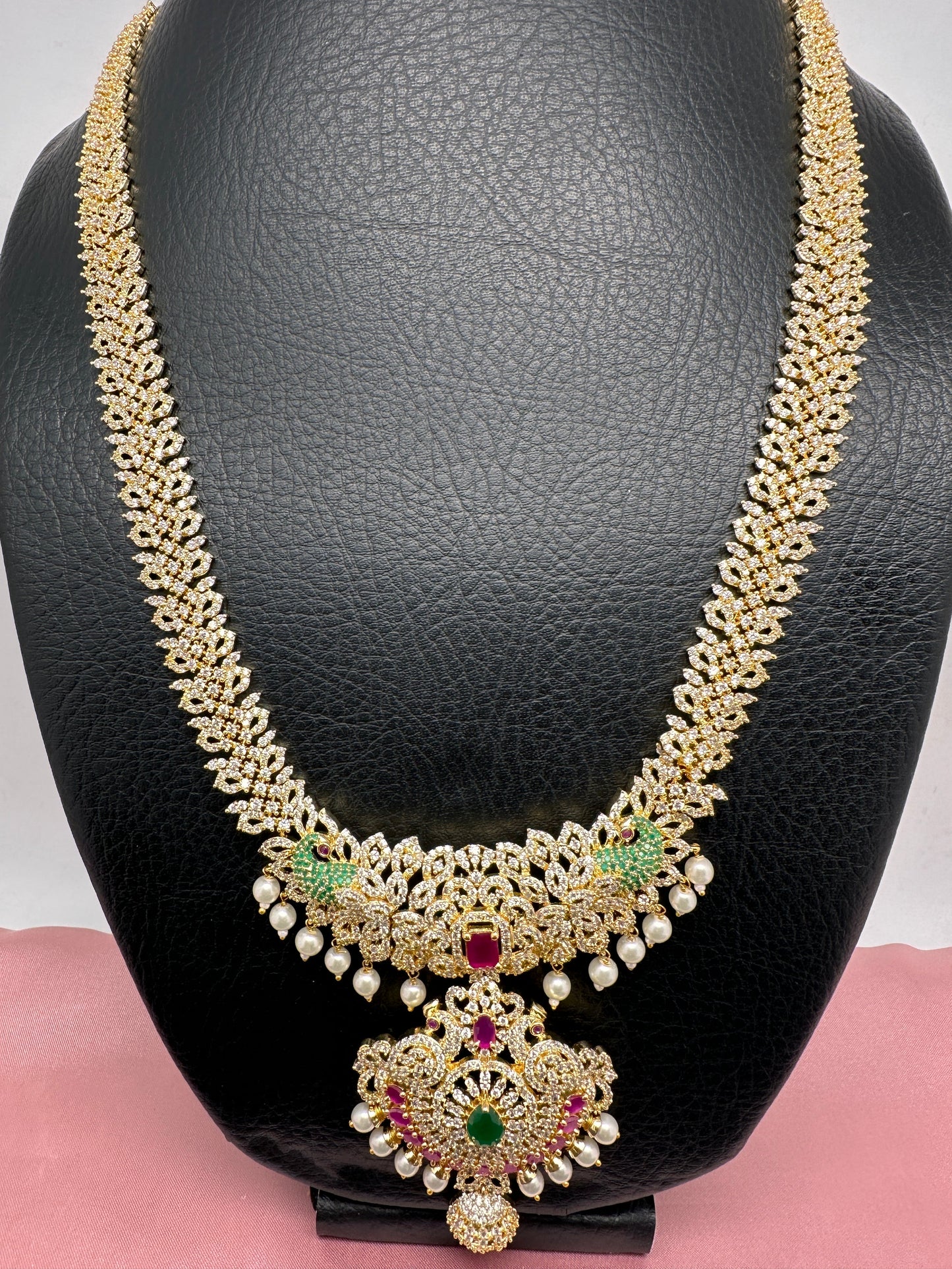 AD Red Green Multi Stone Peacock Design Golden Finish Long Necklace
