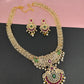 AD Red Green Multi Stone Peacock Design Golden Finish Long Necklace