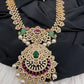 AD Red Green Multi Stone Peacock Design Golden Finish Long Necklace