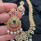 AD Red Green Multi Stone Peacock Design Golden Finish Long Necklace