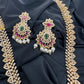 AD Red Green Multi Stone Peacock Design Golden Finish Long Necklace