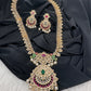 AD Red Green Multi Stone Peacock Design Golden Finish Long Necklace
