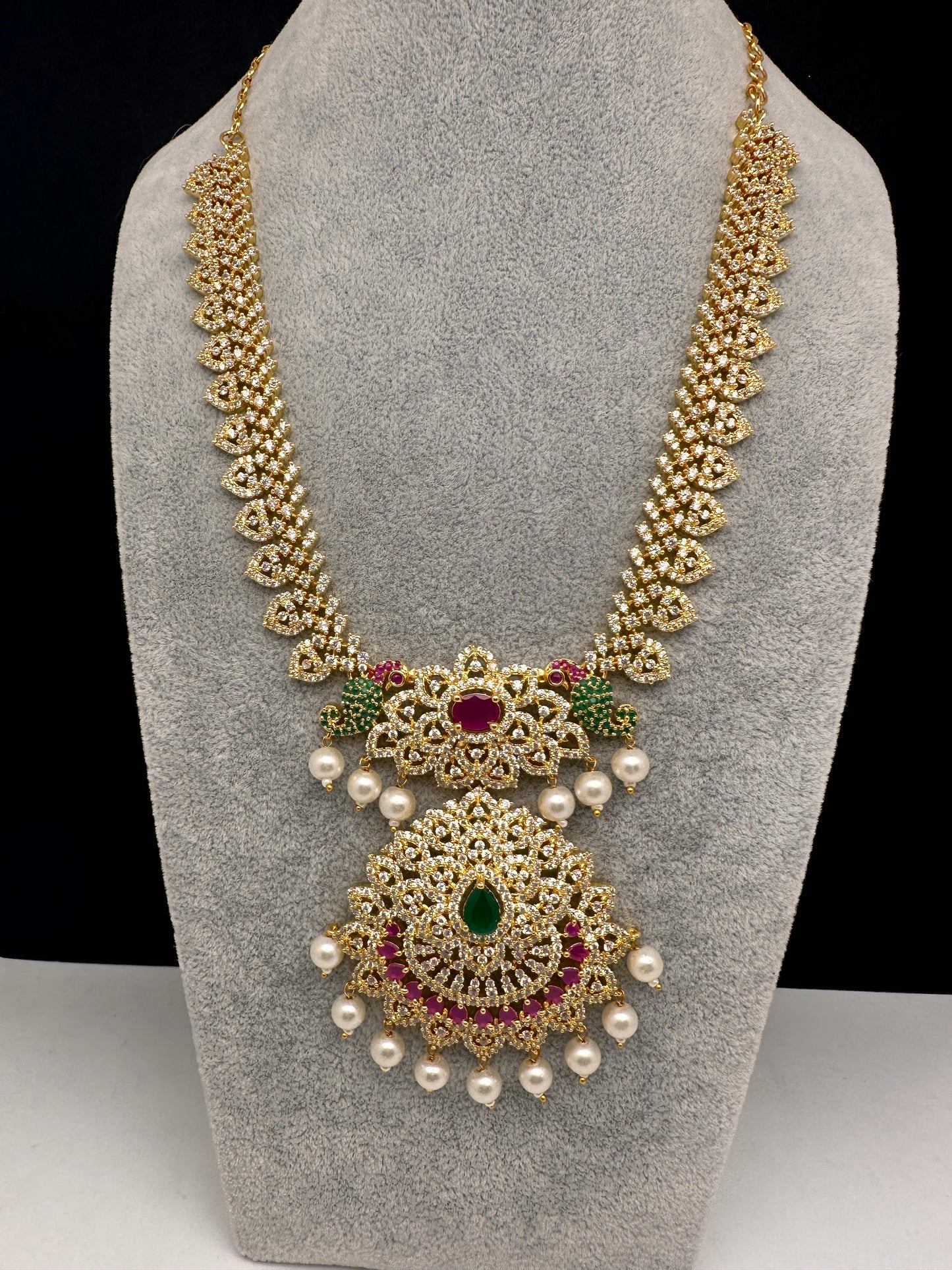 AD Red Green Multi Stone Peacock Design Golden Finish Short Necklace