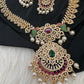 AD Red Green Multi Stone Peacock Design Golden Finish Short Necklace