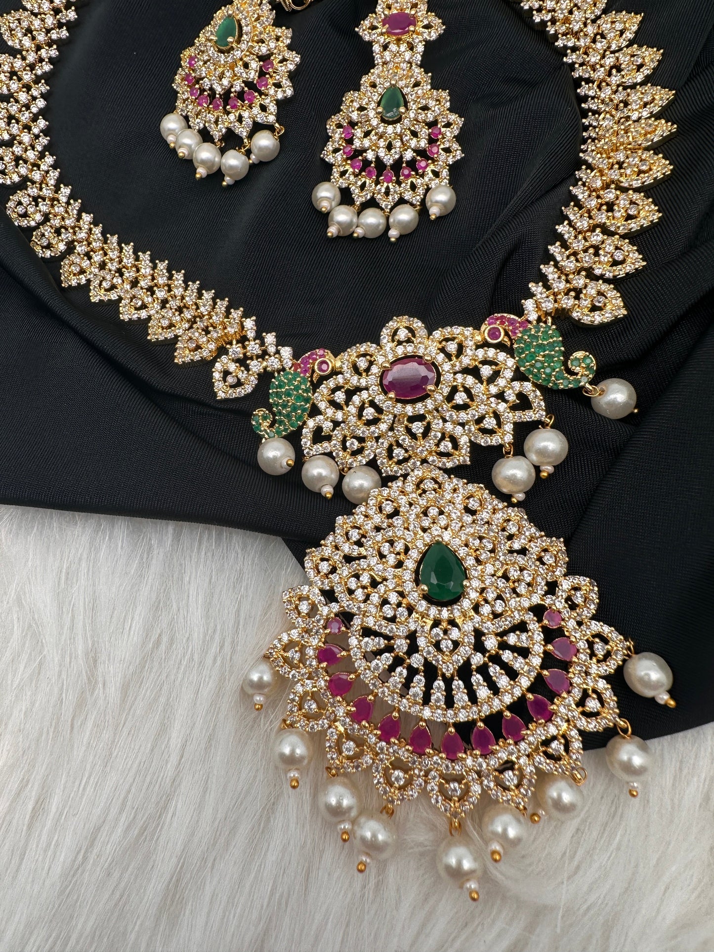 AD Red Green Multi Stone Peacock Design Golden Finish Short Necklace