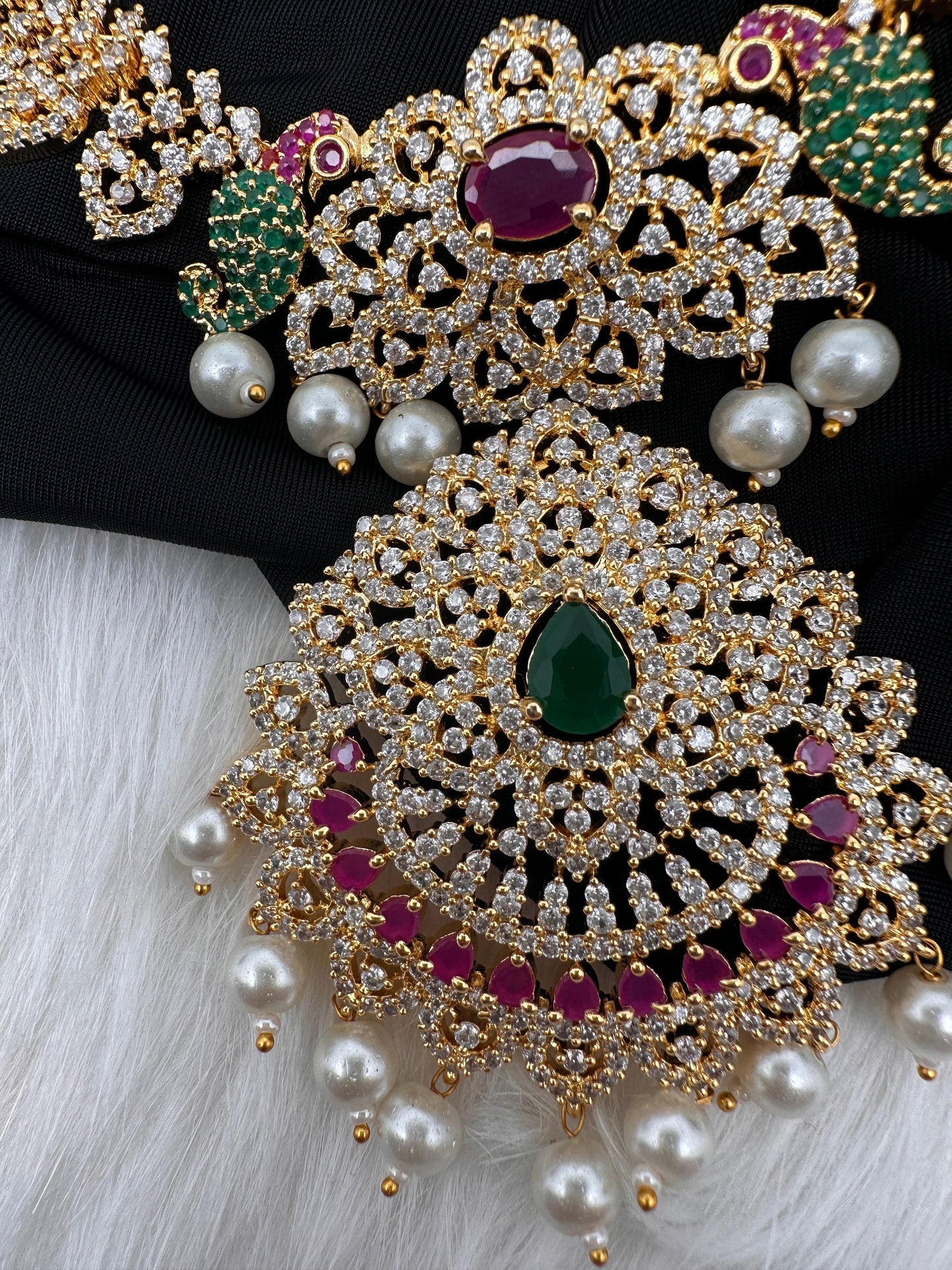 AD Red Green Multi Stone Peacock Design Golden Finish Short Necklace