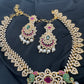 AD Red Green Multi Stone Peacock Design Golden Finish Short Necklace