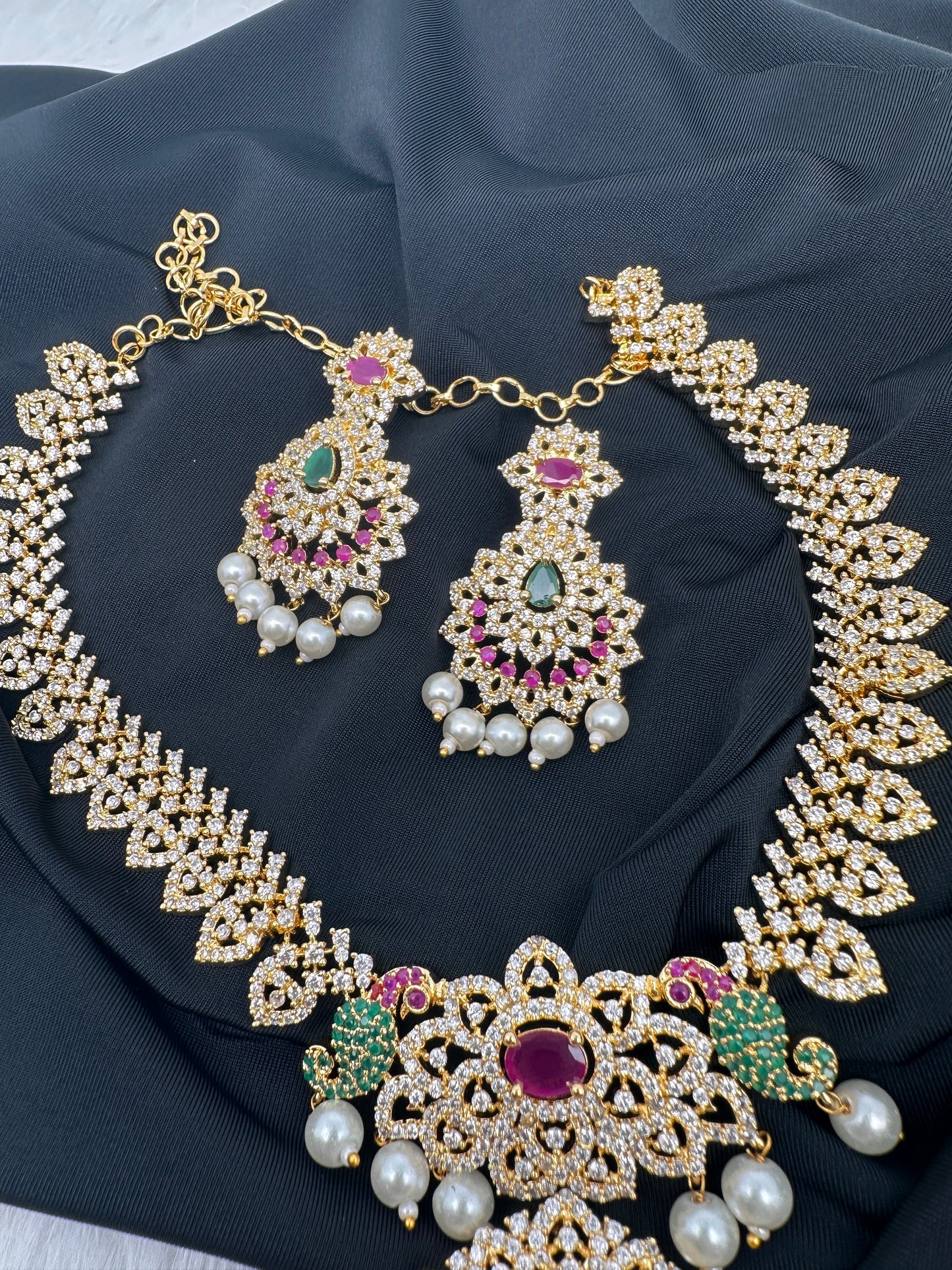AD Red Green Multi Stone Peacock Design Golden Finish Short Necklace