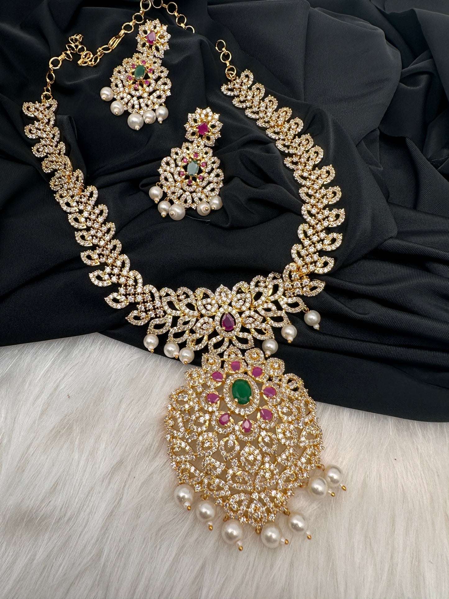 AD Red Green Multi Stone Golden Finish ShortNecklace
