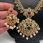 AD Red Green Multi Stone Peacock Design Golden Finish Long Necklace