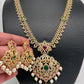 AD Red Green Multi Stone Peacock Design Golden Finish Long Necklace