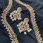AD Red Green Multi Stone Peacock Design Golden Finish Long Necklace