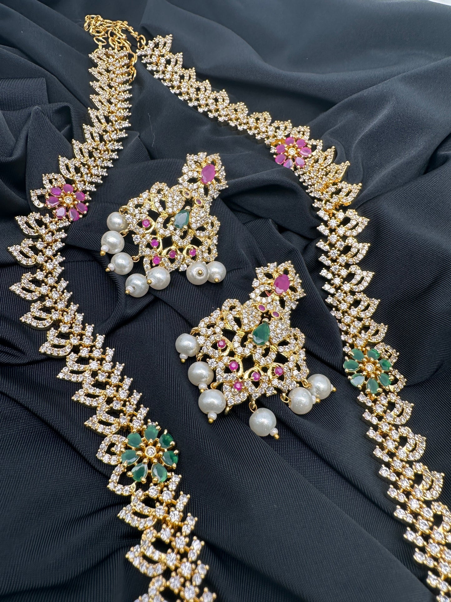 AD Red Green Multi Stone Peacock Design Golden Finish Long Necklace