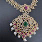 AD Red Green Multi Stone Peacock Design Golden Finish Short Necklace