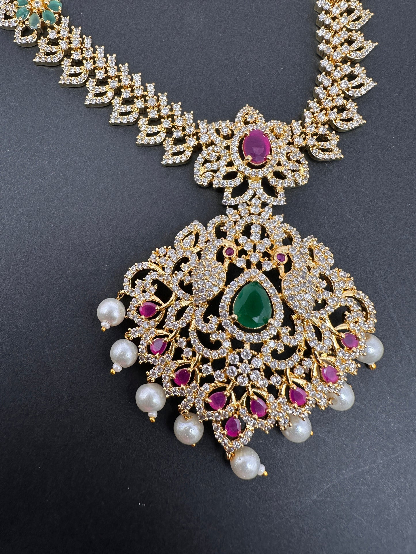 AD Red Green Multi Stone Peacock Design Golden Finish Short Necklace