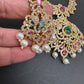 AD Red Green Multi Stone Peacock Design Golden Finish Short Necklace
