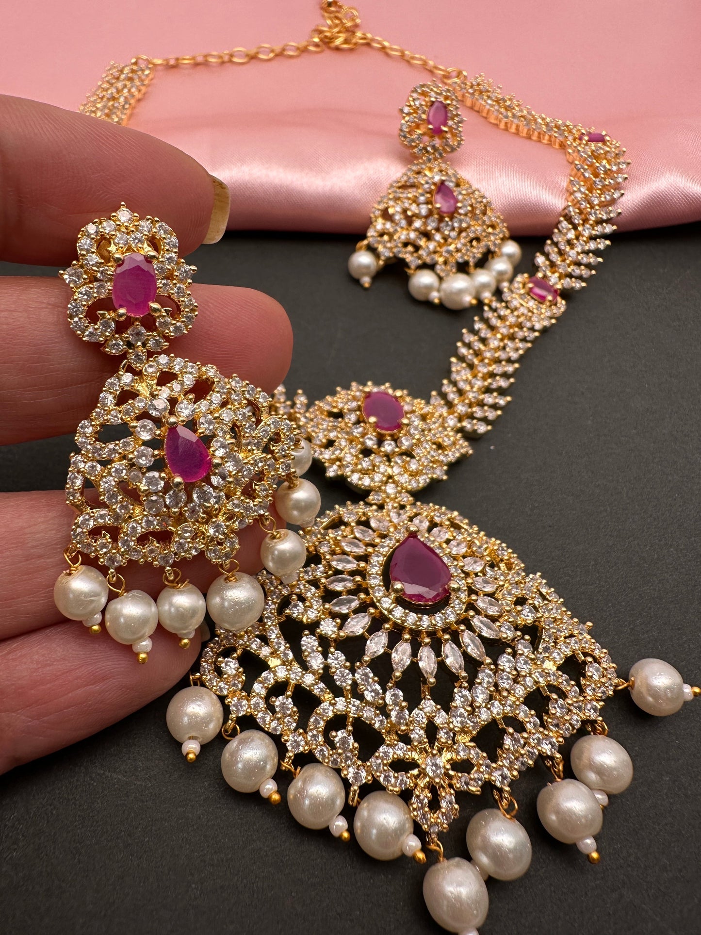 AD Red Stone Golden Finish Short Necklace