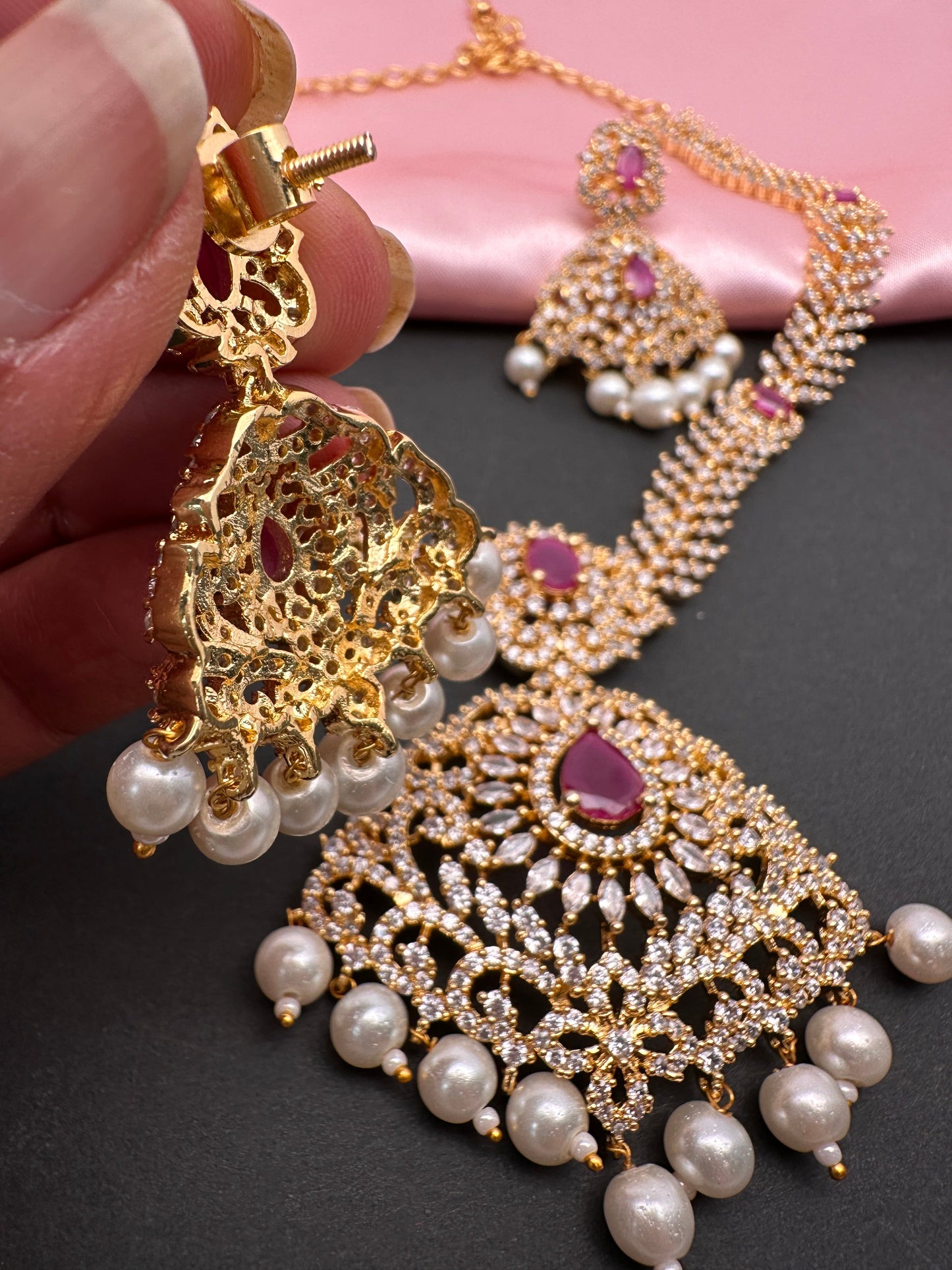 AD Red Stone Golden Finish Short Necklace