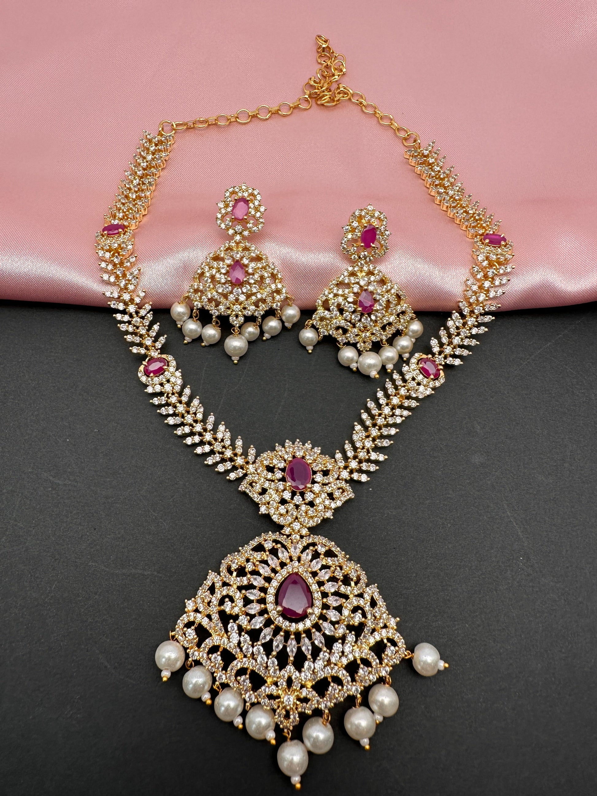AD Red Stone Golden Finish Short Necklace