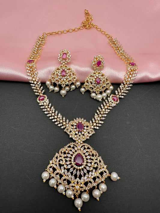 AD Red Stone Golden Finish Short Necklace