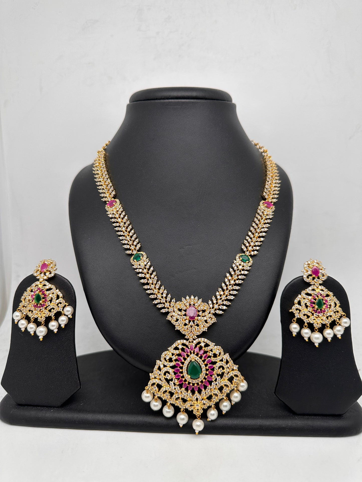 AD Red Green Stone Golden Finish Short Necklace