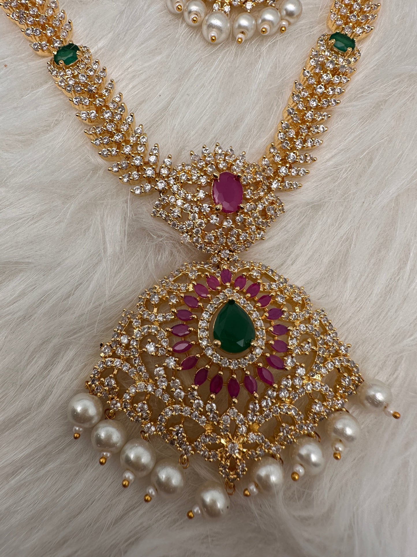 AD Red Green Stone Golden Finish Short Necklace