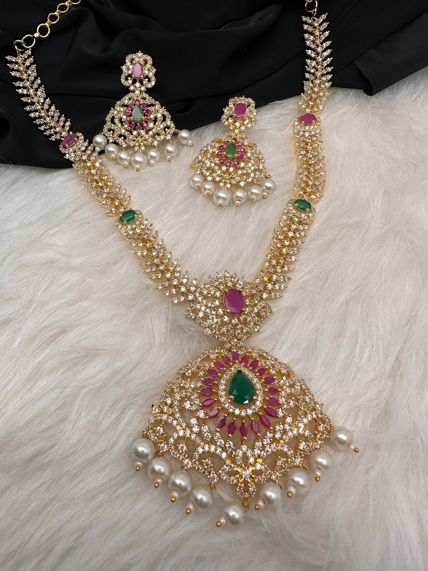 AD Red Green Stone Golden Finish Short Necklace