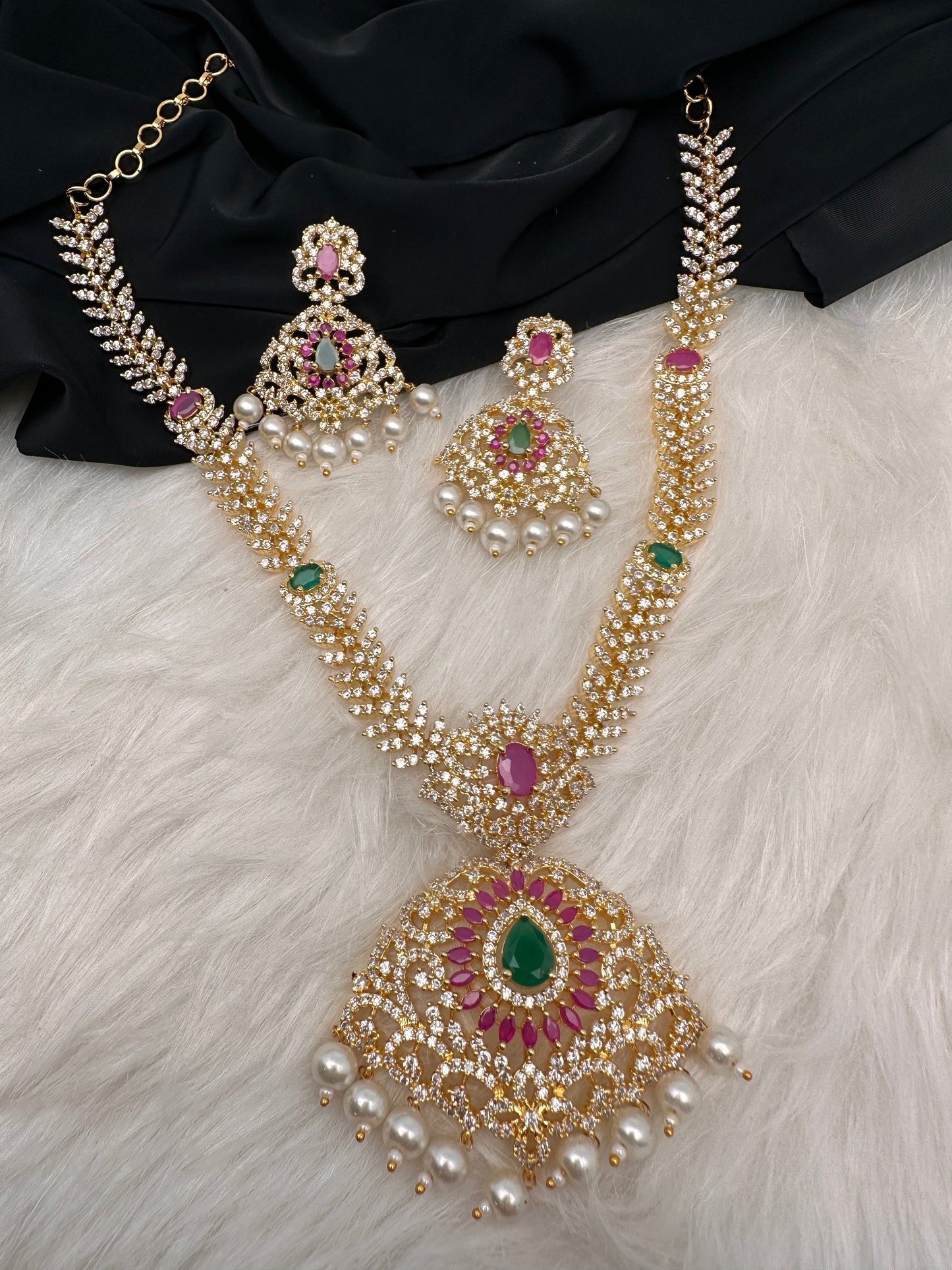 AD Red Green Stone Golden Finish Short Necklace