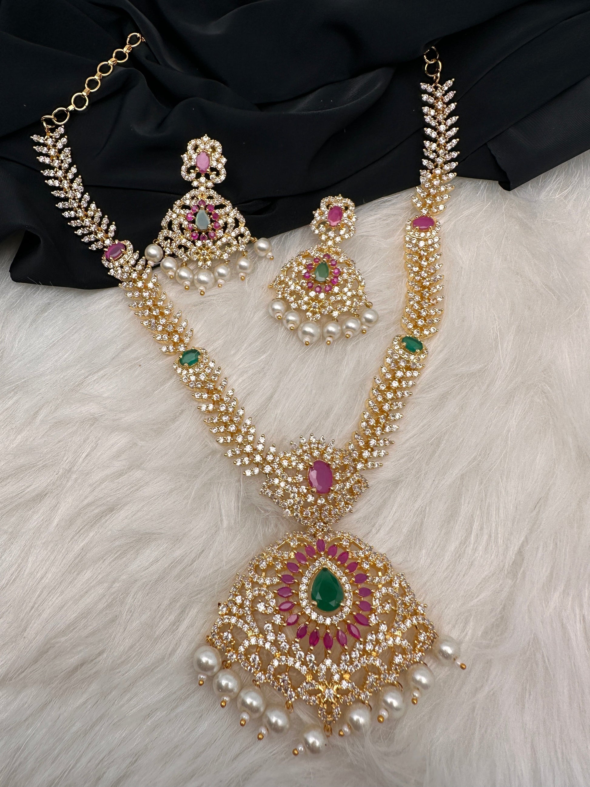 AD Red Green Stone Golden Finish Short Necklace