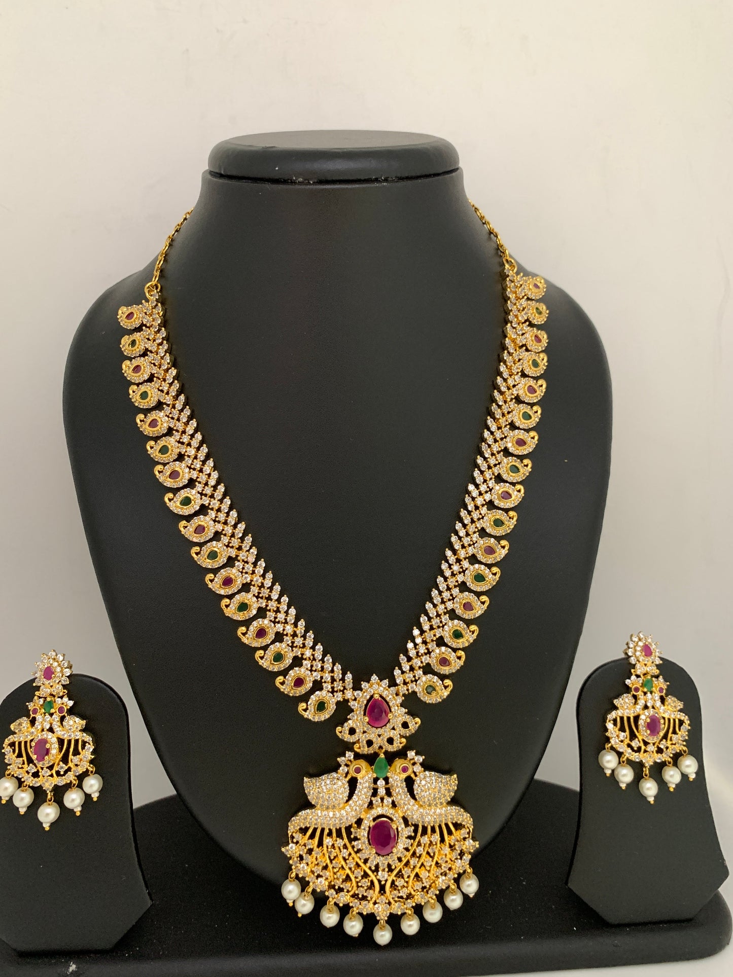 AD Red Green Multi Stone Peacock Mango Golden Finish Short Necklace