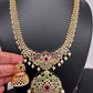 AD Red Green Multi Stone Peacock Pendent Golden Finish Short Necklace