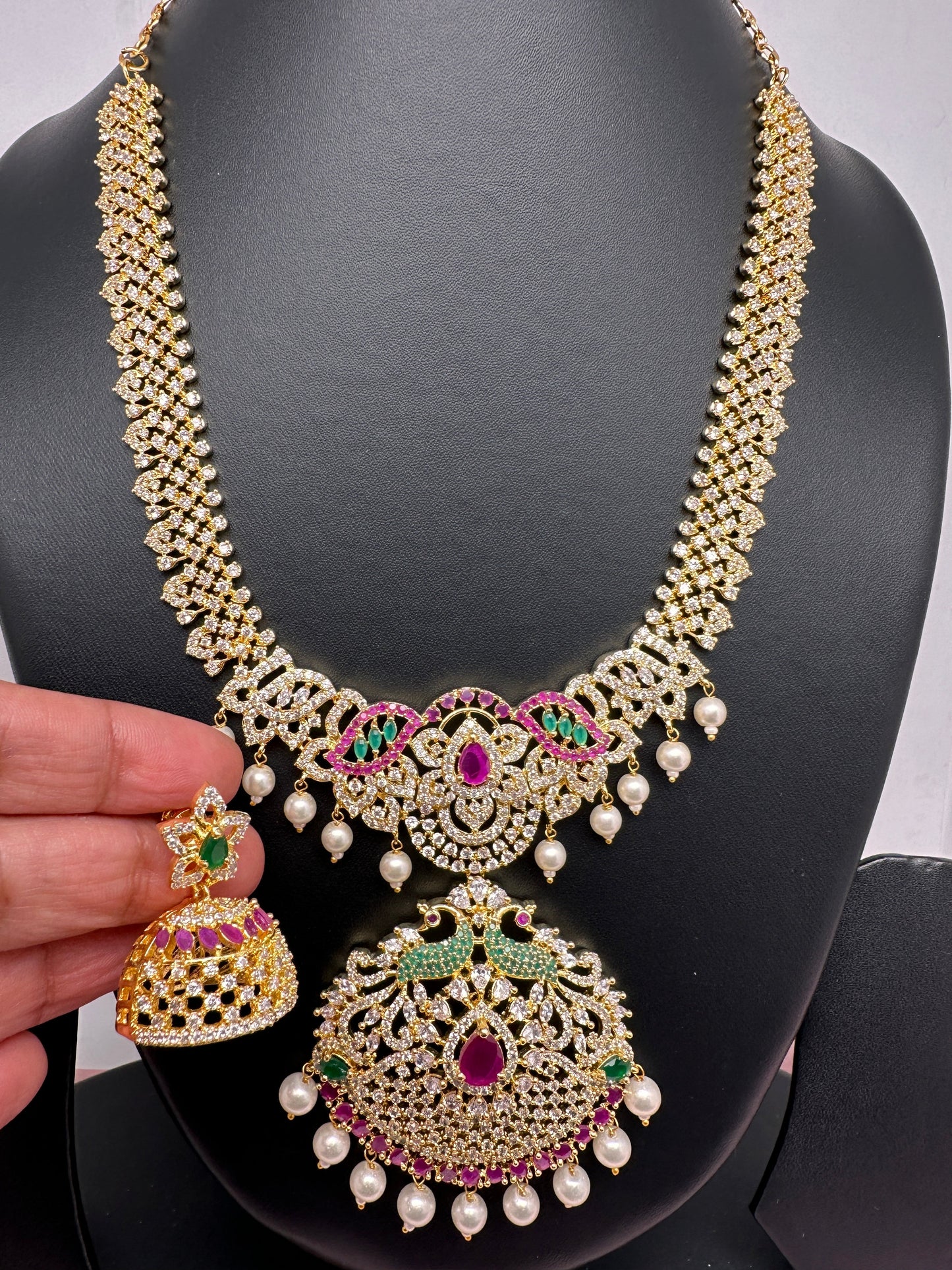 AD Red Green Multi Stone Peacock Pendent Golden Finish Short Necklace