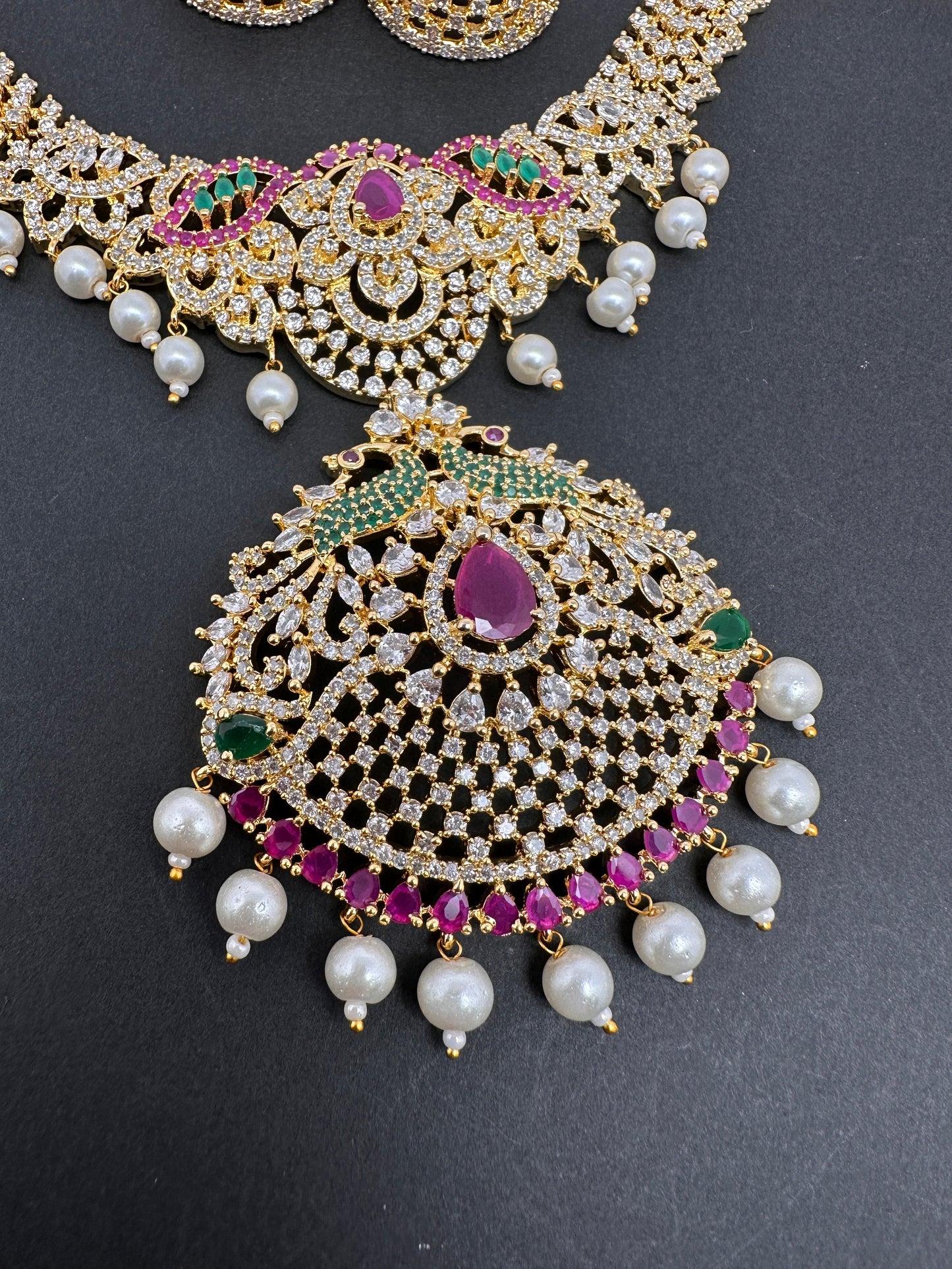AD Red Green Multi Stone Peacock Pendent Golden Finish Short Necklace