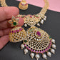 AD Red Green Multi Stone Peacock Pendent Golden Finish Short Necklace