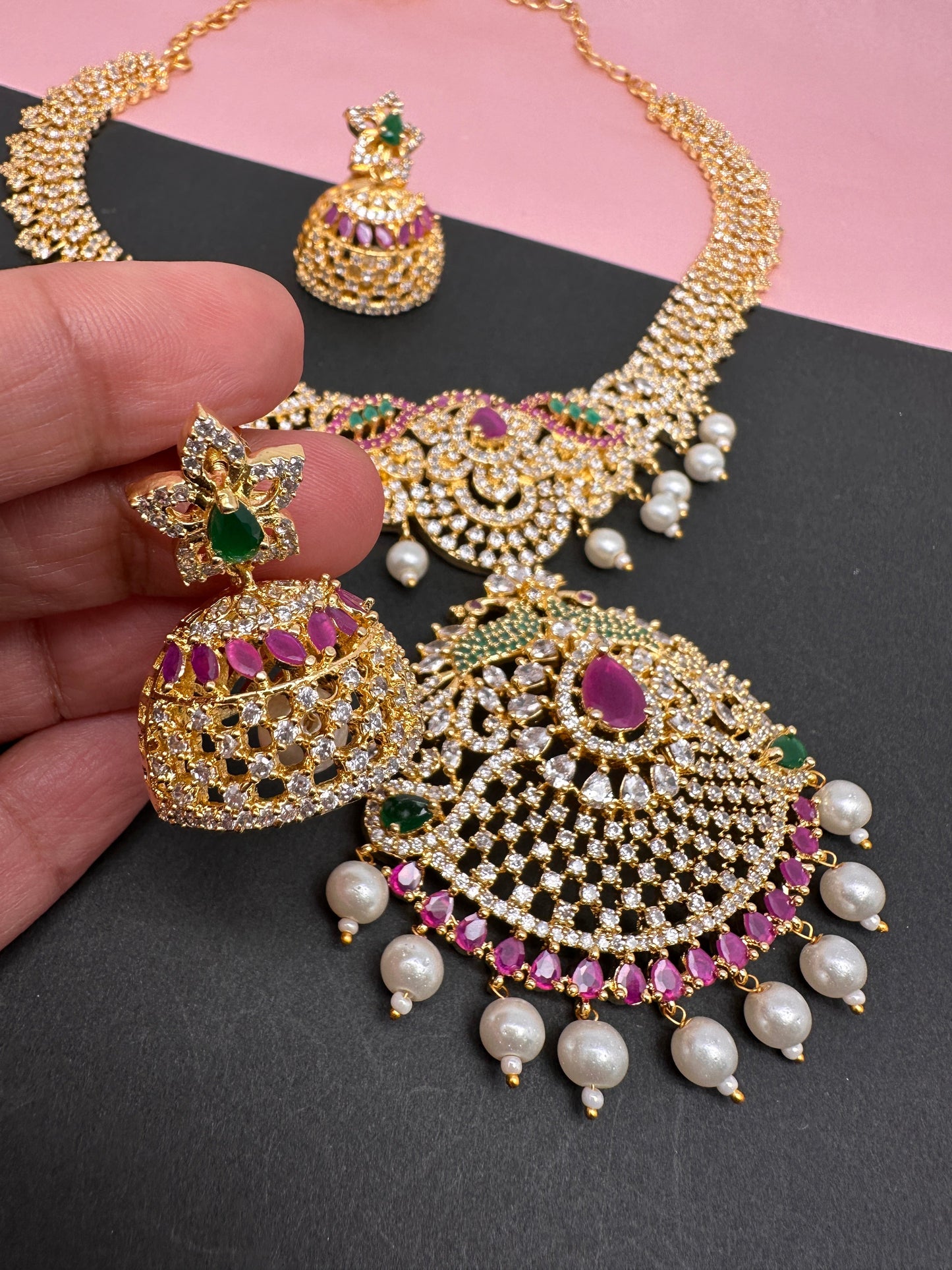 AD Red Green Multi Stone Peacock Pendent Golden Finish Short Necklace