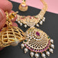 AD Red Green Multi Stone Peacock Pendent Golden Finish Short Necklace