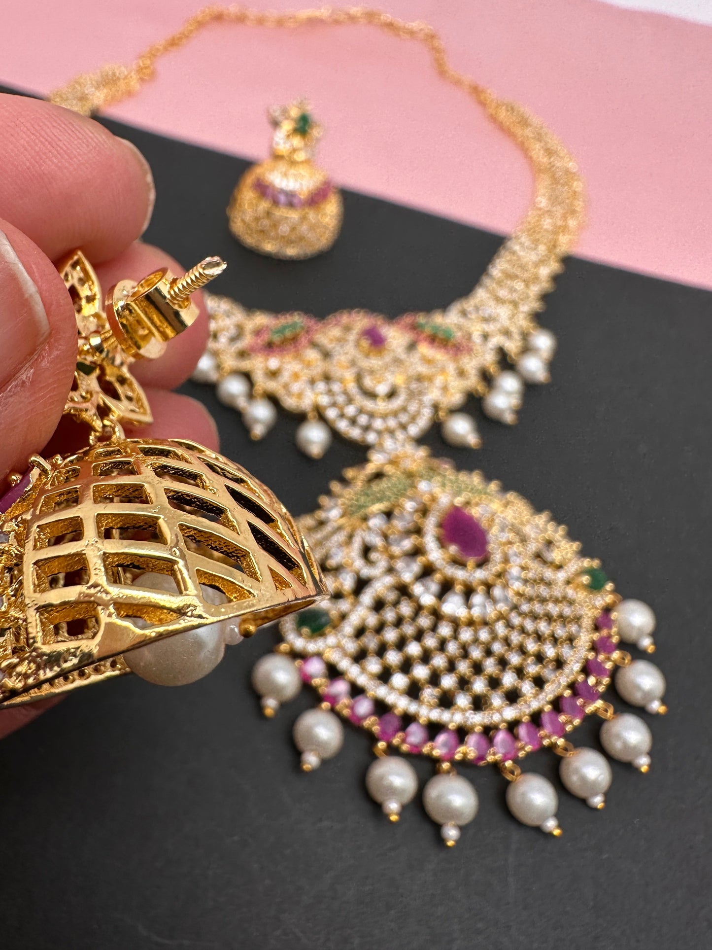 AD Red Green Multi Stone Peacock Pendent Golden Finish Short Necklace