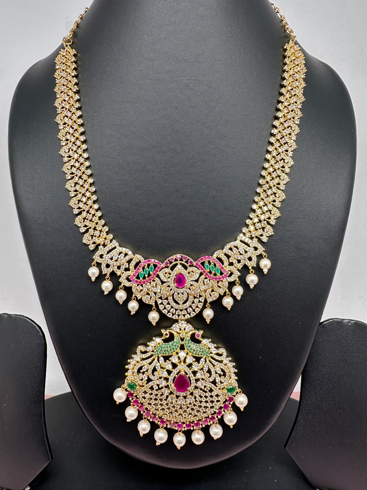 AD Red Green Multi Stone Peacock Pendent Golden Finish Short Necklace