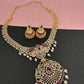 AD Red Green Multi Stone Peacock Pendent Golden Finish Short Necklace