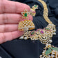 AD Red Green Multi Stone Peacock Pendent Golden Finish Long Necklace